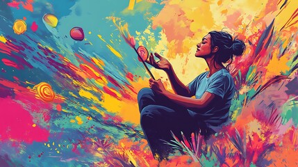 A woman creates art amidst vibrant colors and swirling patterns, evoking creativity and imagination.