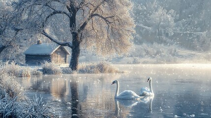   A pair of swans glide in a lake adjacent to a tree and a quaint cabin, with snow covering the earth below