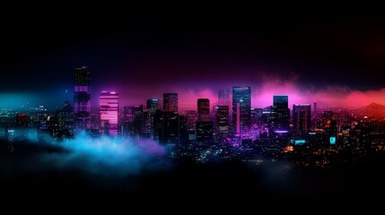 Fototapeta premium Colorful Cityscape Next To Water And Trees, Neon Lights Illuminating Skyscrapers In A Nighttime Urban Skyline, Purple Red And Pink Hue