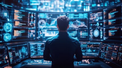 Man viewing data on multiple monitors in a control room.