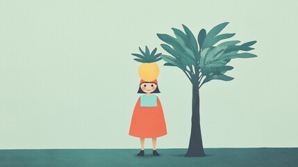 Cute girl character dressed as a colorful papaya, standing under a leafy tree in a playful, artistic setting
