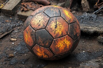 Worn soccer ball on dirty ground.