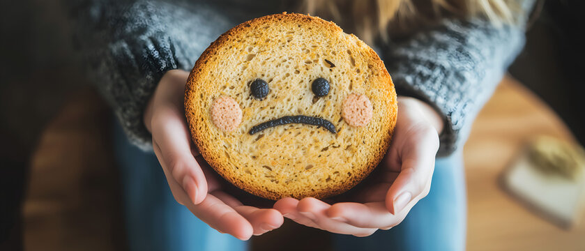 close up of unrecognizable woman's hands holding a slice of bread with sad icon on it; woman sitting at home; concept of gluten intolerance