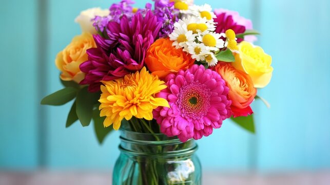 Vibrant colorful flower bouquet in a mason jar against a teal background. - Powered by Adobe