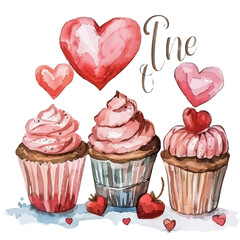 A watercolor drawing of love-themed cupcakes, isolated on a white background. Valentine's Day vector.
