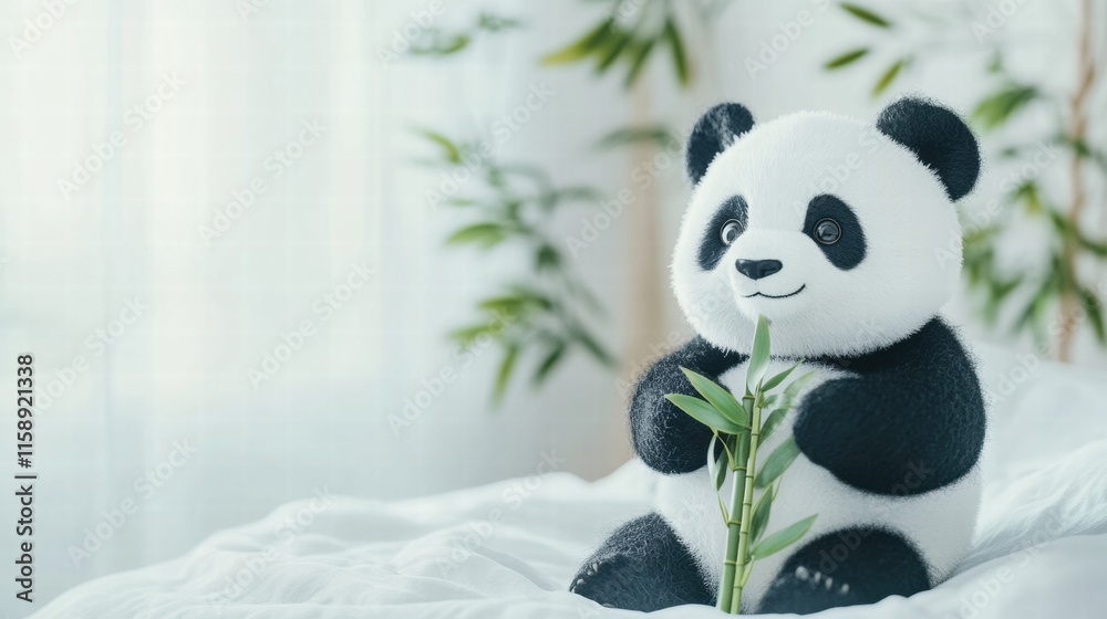 Leinwandbilder panda enjoys fresh bamboo while sitting in a serene indoor setting surrounded by greenery and soft n