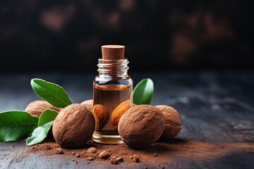 Dark stone background with nutmeg essential oil