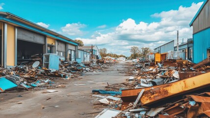 Abandoned Industrial Site with Debris Under Bright Sun