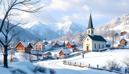Fototapeta premium Church in the snow, Lutheran church in Latvia in beautiful winter day. 