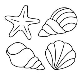 Set of sea shells. Outline Doodle illustration for colouring pages. Editable Stroke. Ocean and sea. Sketches of various mollusks sea shells in different shapes.