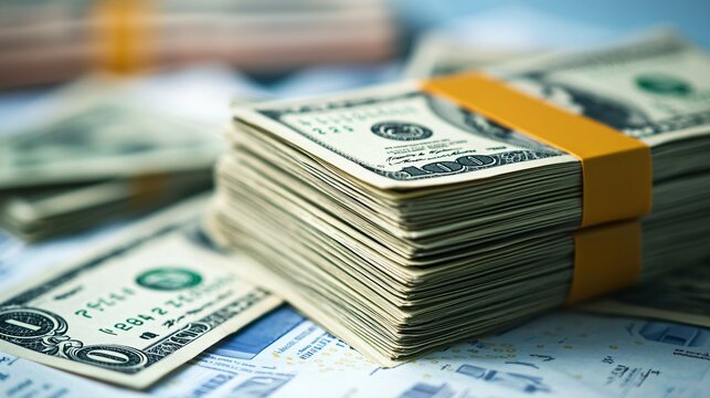 Close-up of a stack of cash with financial documents, symbolizing illegal financial activities, money laundering, corruption, or financial crime concepts.