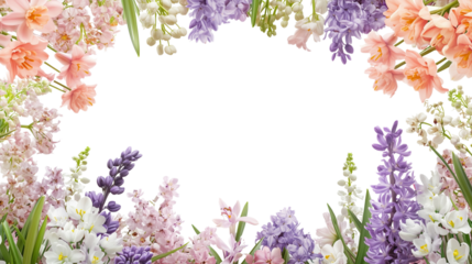 Spring garden flowers creating a frame including hyacinths, crocuses, and lilies of the valley in soft pastel tones.