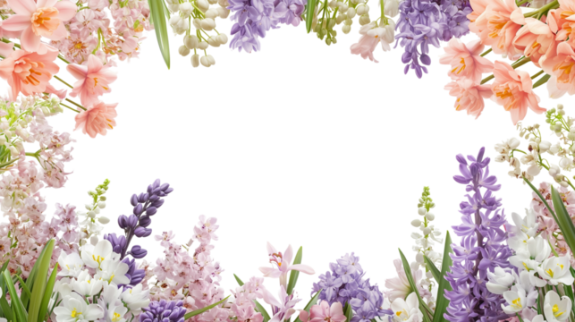 Spring garden flowers creating a frame including hyacinths, crocuses, and lilies of the valley in soft pastel tones.