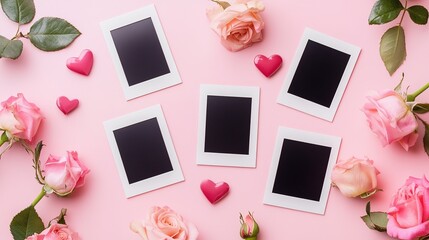 Blank Polaroid Photo Frames Surrounded by Hearts and Roses on a Soft Pink Background