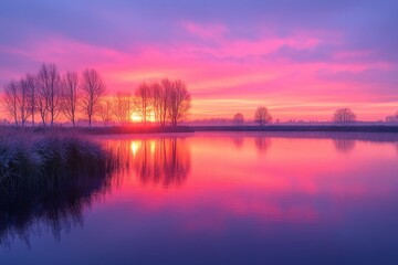Obraz premium Vibrant sunrise over calm lake, trees reflected in water.