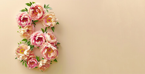 The number 8 is made of beautiful natural pink peonies on a pastel beige background