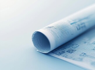 Rolled Blueprint Paper with Grid Patterns on Soft Blue Background