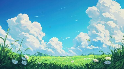 Obraz premium Bright Blue Sky with Fluffy Clouds Over Green Meadow and Flowers