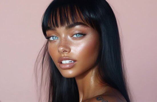 Closeup portrait of a very beautiful ebony female model with bright blue eues and pearly white teeth looking at camera isolated on pastel pink background.