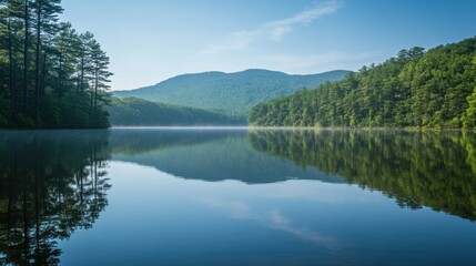 Tranquil Lake Surrounded by Lush Green Mountains at Sunrise