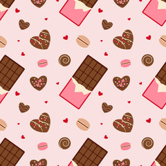 Seamless pattern of festive sweets for Valentine's Day on a light background. Vector graphics.