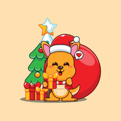 Cute kangaroo as a santa claus carrying bag of presents in Christmas day.