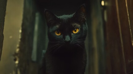 Mysterious Black Cat with Striking Yellow Eyes in Dimly Lit Alley