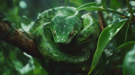 Fototapeta premium Close-Up of Green Snake Camouflaged in Lush Jungle Environment