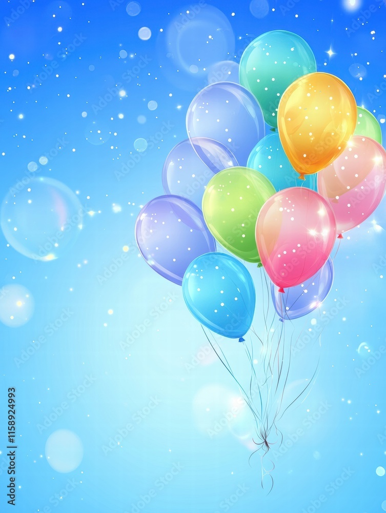 Poster colorful cluster of balloons floating under a bright blue sky creates a joyful atmosphere on a sunny