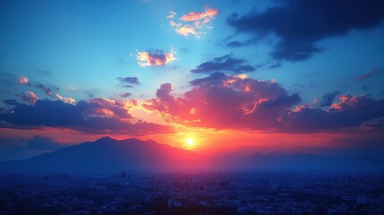 Naklejka premium Vibrant sunset over city skyline and mountains.