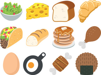 A vibrant assortment of food icons, featuring various dishes like tacos, pancakes, and bread.