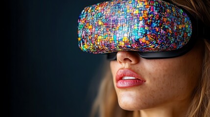 Woman using colorful VR headset.