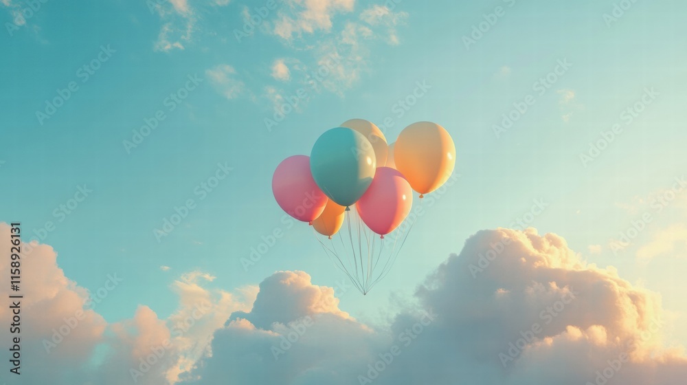 Poster colorful balloons gracefully float in a clear blue sky with soft clouds in the backdrop during a bri