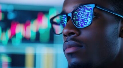 Young Man Wearing Glasses Reflecting Financial Data on Screen