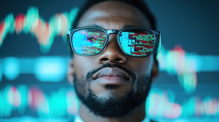 Businessman in Sunglasses with Stock Market Data Reflected Clearly