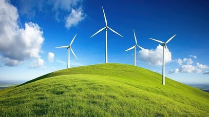 Wind Turbines on Green Hillside Against Blue Sky and White Clouds