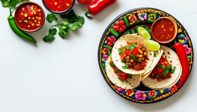 Top View of Colorful Mexican Dish with Tacos, Salsa, and Fresh Ingredients on a Decorative Plate