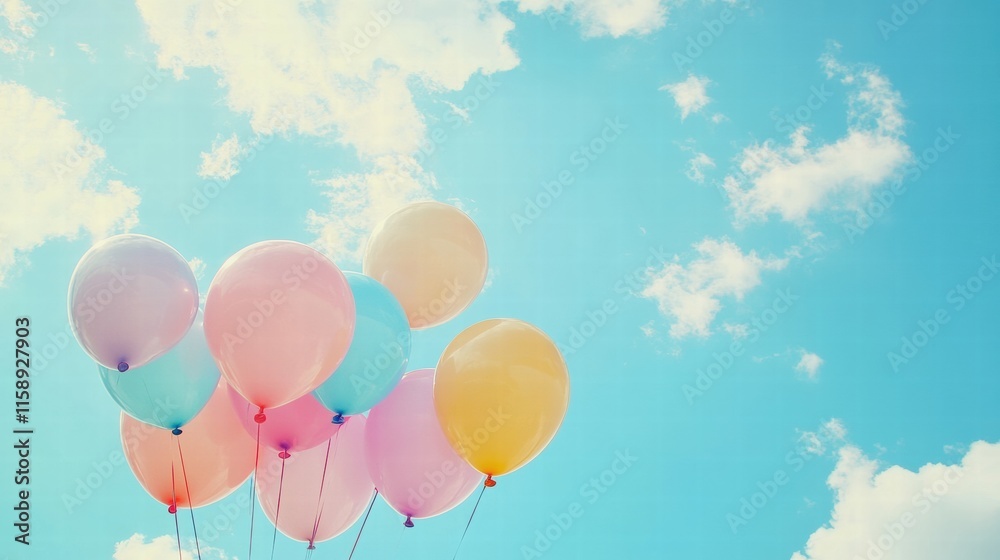 Poster colorful balloons float gracefully in a clear blue sky on a bright sunny day creating a joyful atmos