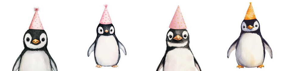 Obraz premium Group of adorable penguin plush toy characters wearing colorful party hats and a festive holiday or special occasion in a cheerful whimsical winter scene