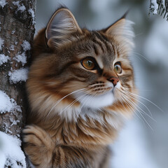 Fototapeta premium Close Cute Siberian Cat Seating Tree