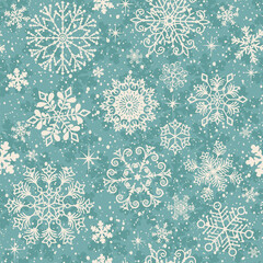 Vector seamless simple tricolor Christmas hand drawn pattern with snowflakes and stars on a pastel green background