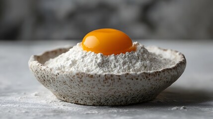 Raw egg yolk centered in ceramic bowl filled with white flour, captured from above in minimalist style with pure white background, emphasizing simple elegance through professional culinary styling.