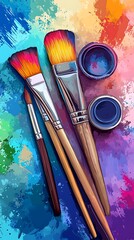 Fototapeta premium A vibrant arrangement of paintbrushes and paint pots on a colorful artistic background.