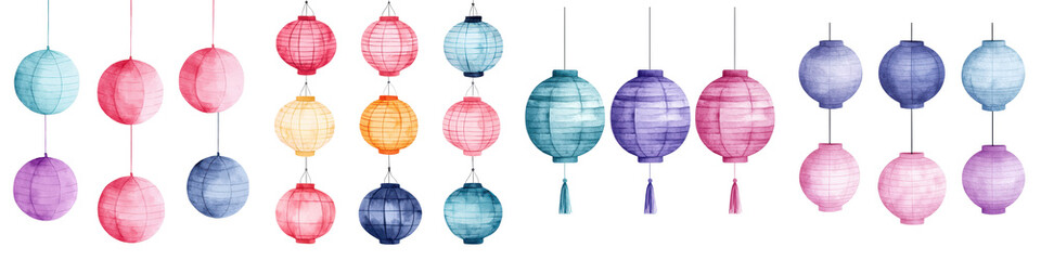 Fototapeta premium Assortment of colorful hanging paper lanterns in various sizes shapes and hues These traditional festival create a warm vibrant atmosphere for holidays