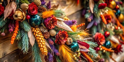 Naklejka premium Bohemian Christmas Garland Feathers Close-Up: Festive Holiday Decoration