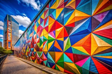 Bold Geometric Mural: Wide-Angle View of Vibrant Angular Shapes on Textured Wall