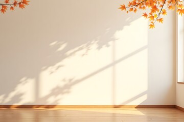 Sunlit empty room with autumn leaves casting shadows on wooden floor