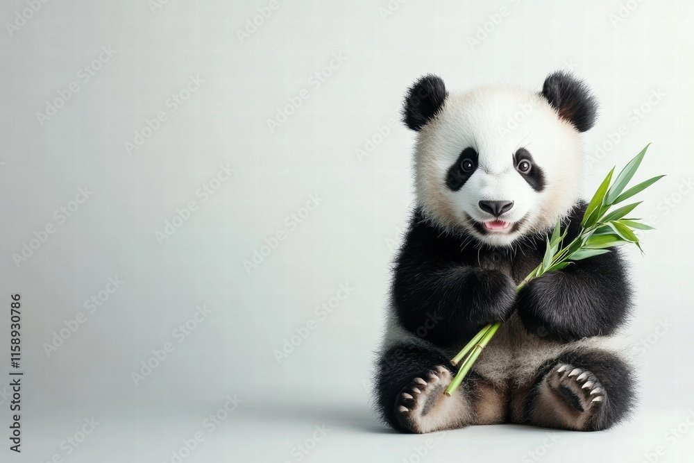 Aufkleber panda enjoying fresh bamboo while sitting against a light backdrop with ample space for text and des