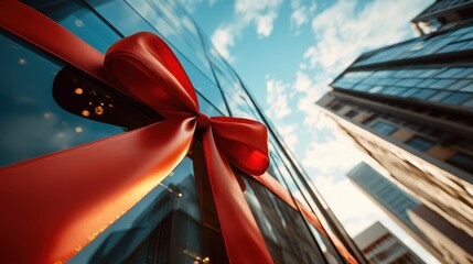 A large, stylish red bow adorns a contemporary glass building facade under a bright sky, symbolizing celebration, sophistication, and architectural beauty.