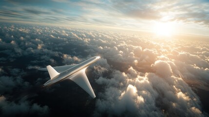 A sleek plane flies above the clouds, set against a magnificent sunset backdrop, symbolizing freedom, adventure, and the limitless possibilities of air travel.